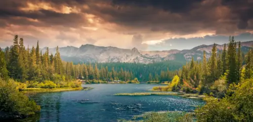 Mountain lake and forest at sunset natural landscape wallpaper HD 4K for desktop