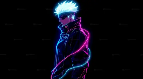 Personnage d’anime néon bleu et rose arrière plan noir fonds d’écran HD 4K pour ordinateur