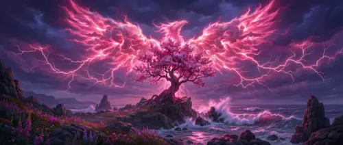 Paysage fantastique phénix et un arbre rose d’éclairs fonds d’écran HD 4K pour ordinateur