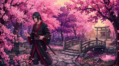 Samurai sakura in a Japanese garden wallpaper HD 4K for desktop