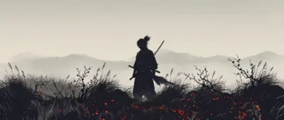 Silhouette d'un samouraï et montagnes brumeuses japon