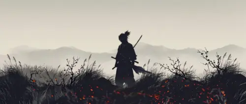 Silhouette of a samurai and misty mountains japan wallpaper HD 4K for desktop