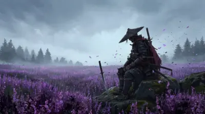 Samurai and field of purple flowers illustration