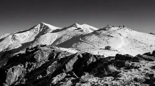 Snowy mountain landscape black and white photograph wallpaper HD 4K for desktop