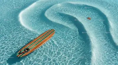 Planche de surf sur eau turquoise banc de sable tropical