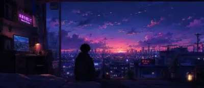 Anime vue sur la ville coucher soleil