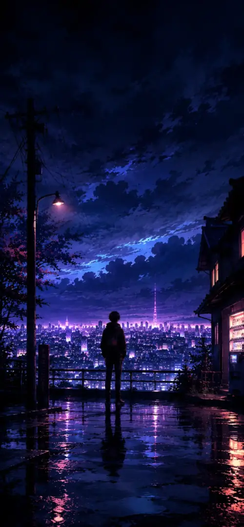 Anime city at night neon rain