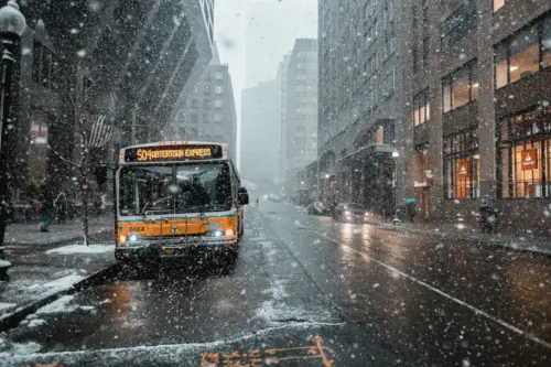 Snowy street in New York with city bus