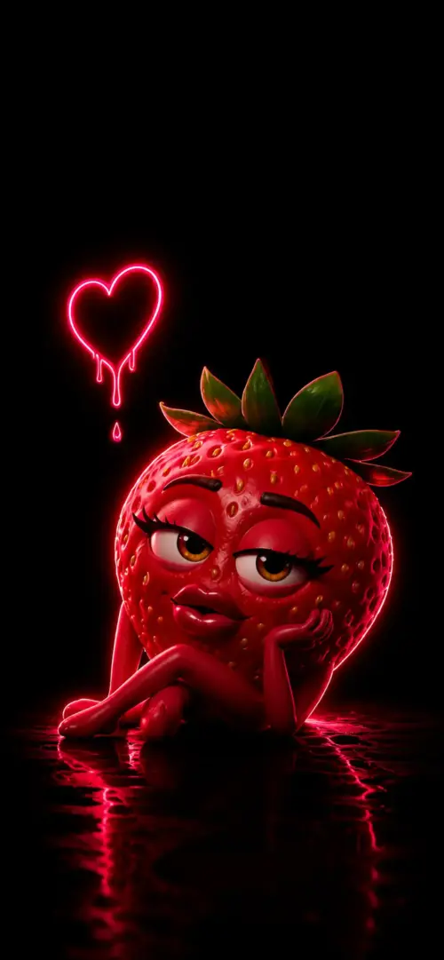 Cute neon strawberry with heart wallpaper HD 4K for phone