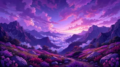 Paysage fantasy montagnes violettes