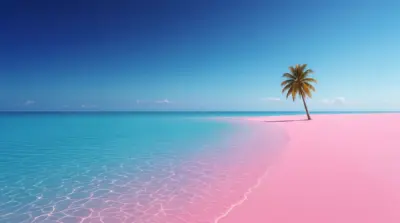 Plage rose minimaliste avec palmier solitaire