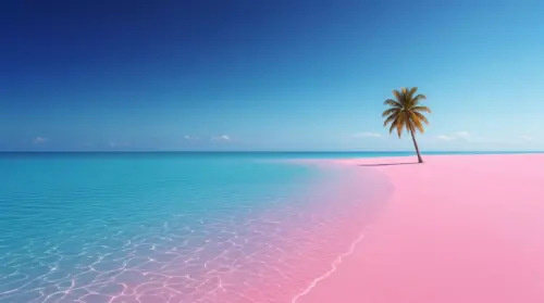 Minimalist pink beach with a solitary palm tree wallpaper HD 4K for desktop