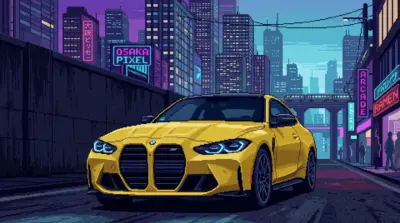 Voiture BMW pixel art ville néon