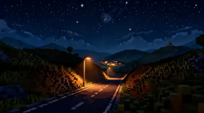 Route nocturne pixel art étoiles
