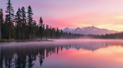 Lac et montagne forêt coucher rose