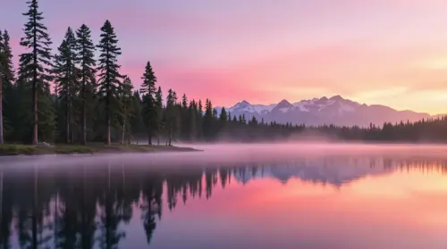 Lake and mountain forest pink sunset