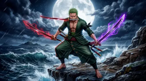 Zoro sous la lune avec ses trois sabres fonds d’écran HD 4K pour ordinateur