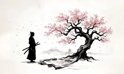 Samouraï sous un cerisier en fleurs minimaliste
