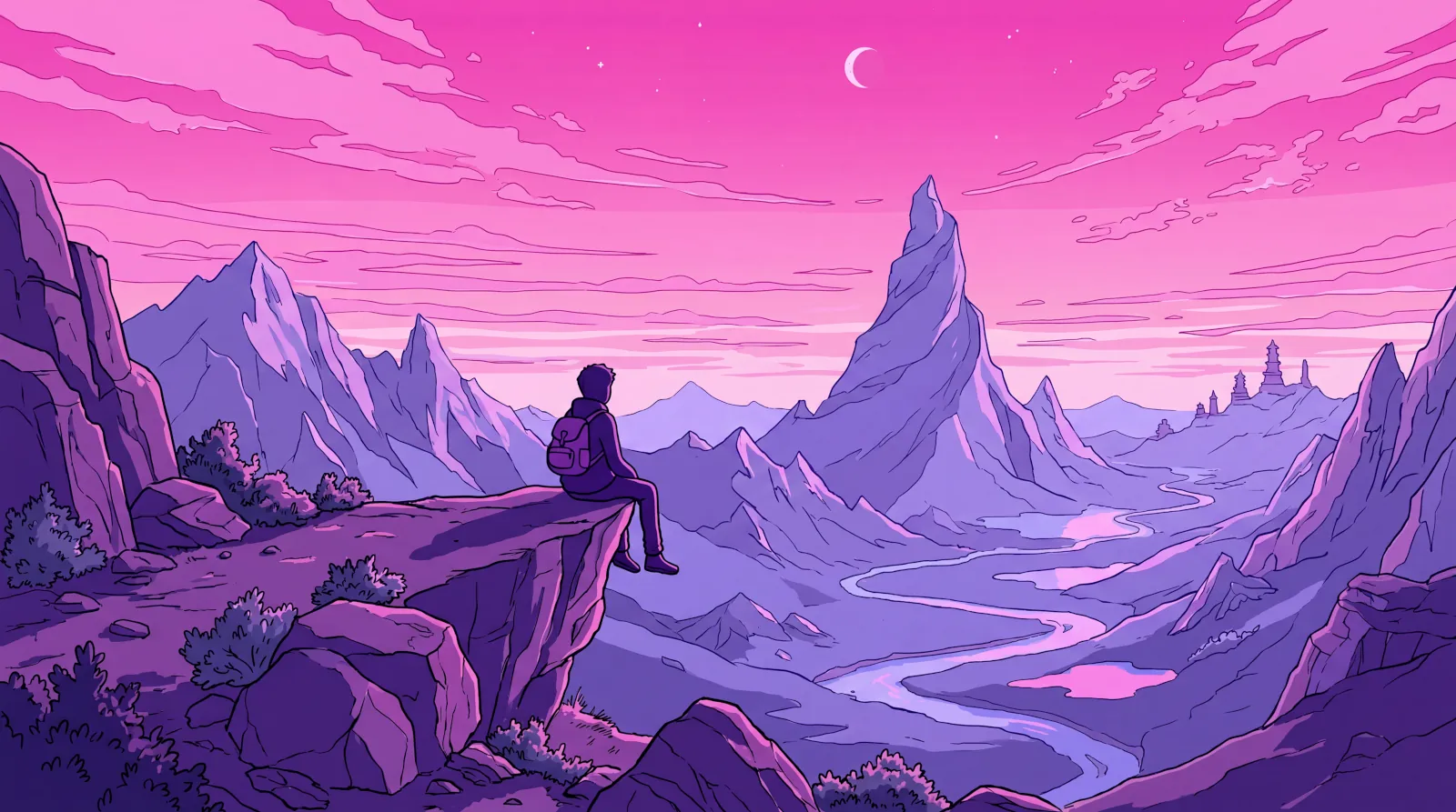 Anime fantasy landscape and purple mountains wallpaper HD 4K for desktop