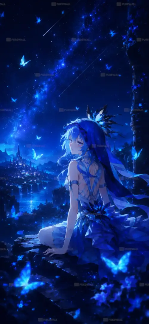Anime girl under a blue starry sky