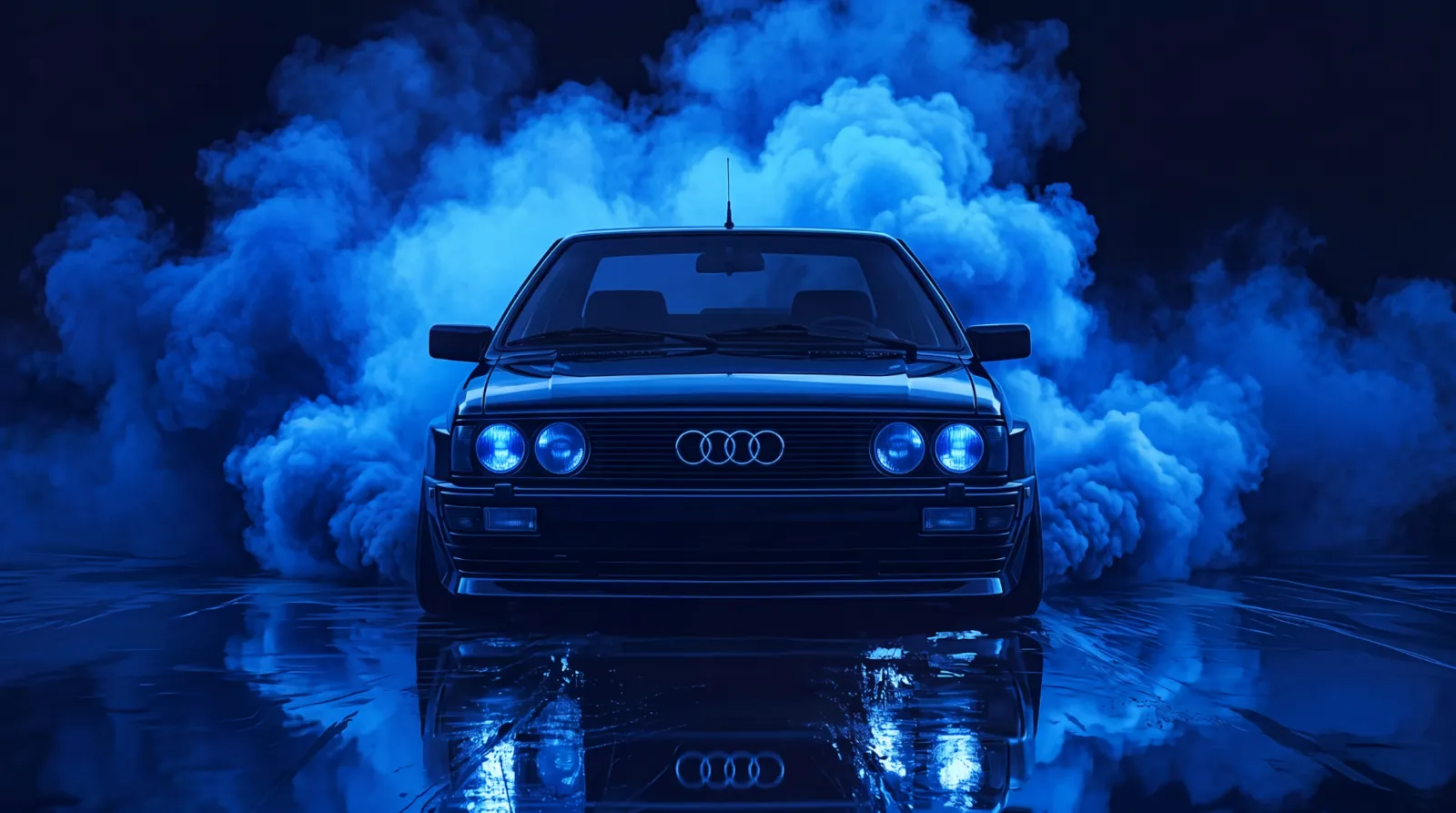 Classic blue Audi in the smoke wallpaper HD 4K for desktop