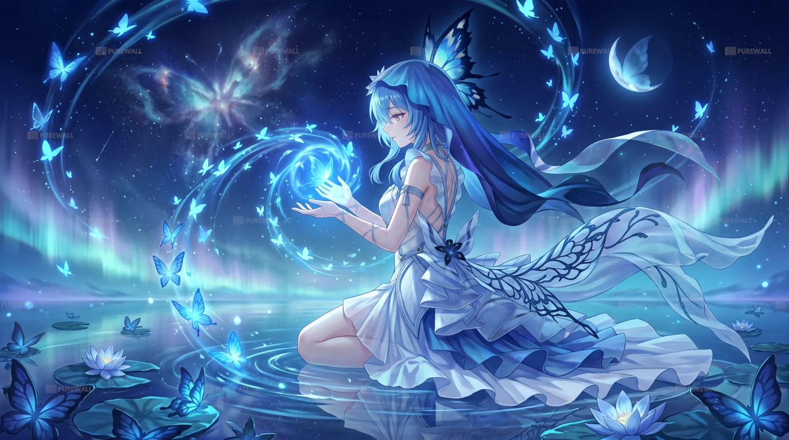 Papillon bleu et fée style anime fonds d’écran HD 4K pour ordinateur