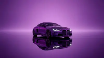 BMW M4 violette sur fond néon minimaliste