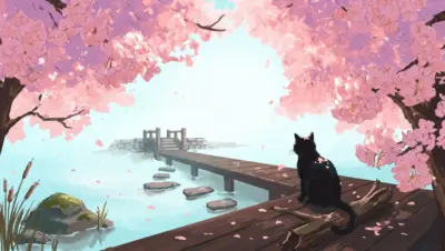 Chat noir au bord du lac sous les cerisiers en fleurs