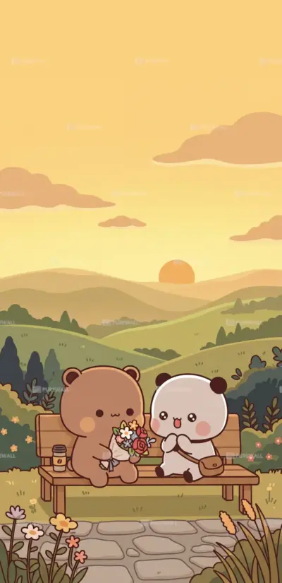 Two cute little kawaii bear cubs on a bench wallpaper HD 4K for phone