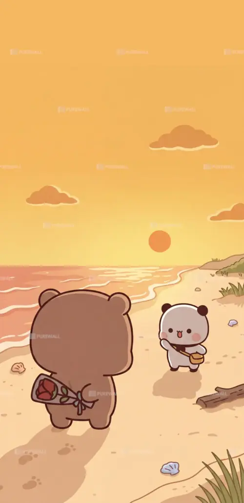 Cute kawaii teddy bears on the beach at sunset wallpaper HD 4K for phone