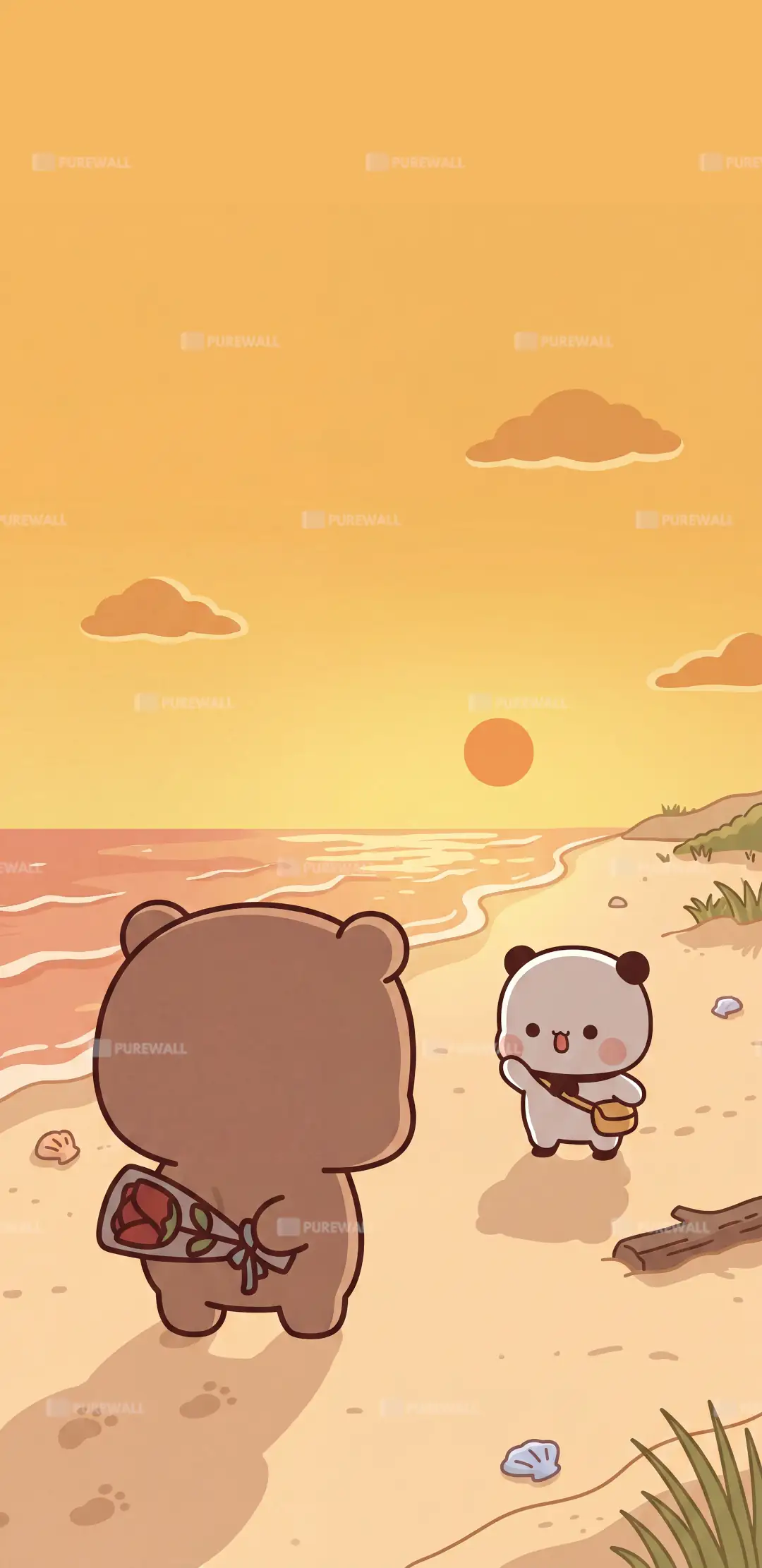 Cute kawaii teddy bears on the beach at sunset wallpaper HD 4K for phone
