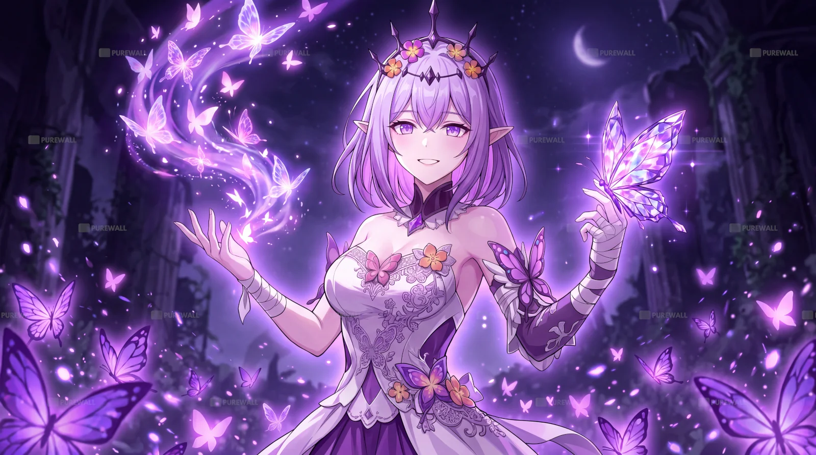 Anime elf princess with magical butterflies wallpaper HD 4K for desktop
