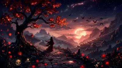 Paysage fantastique sous la pleine lune rouge