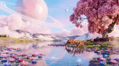 Lac fantasy aux fleurs roses et planète géante