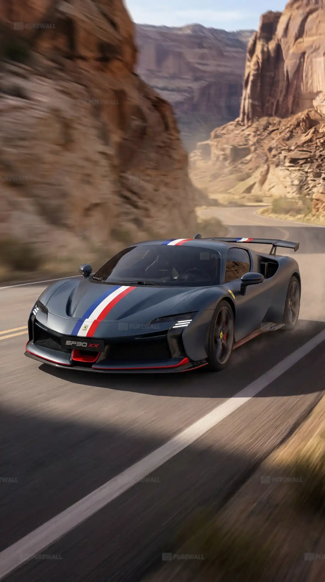 Ferrari SF90 XX on a canyon road wallpaper HD 4K for phone