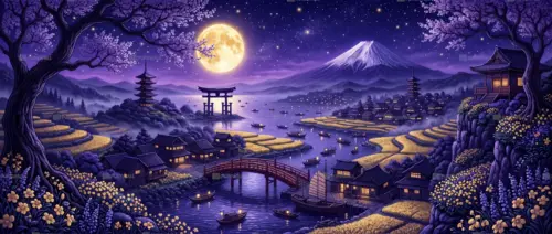 Illustration of a Japanese village in moonlight with Mount Fuji