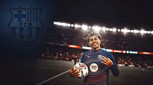 Lamine Yamal with the FC Barcelona logo wallpaper HD 4K for desktop