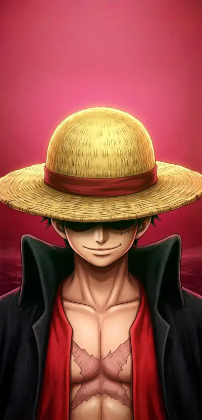 Luffy smiling in a straw hat against a red background