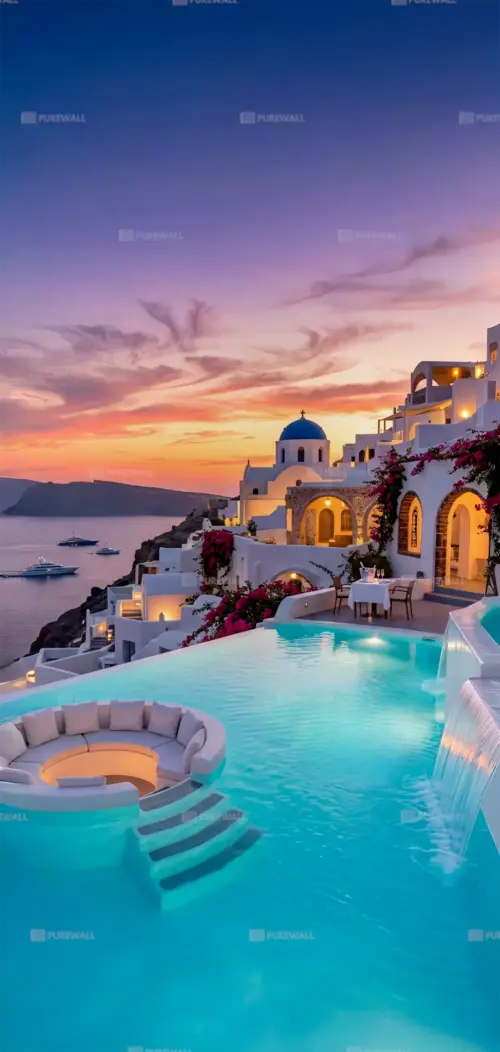 Santorini at sunset with infinity pool