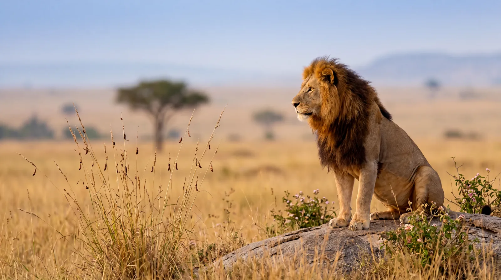 Photograph of a majestic lion in the savanna wallpaper HD 4K for desktop