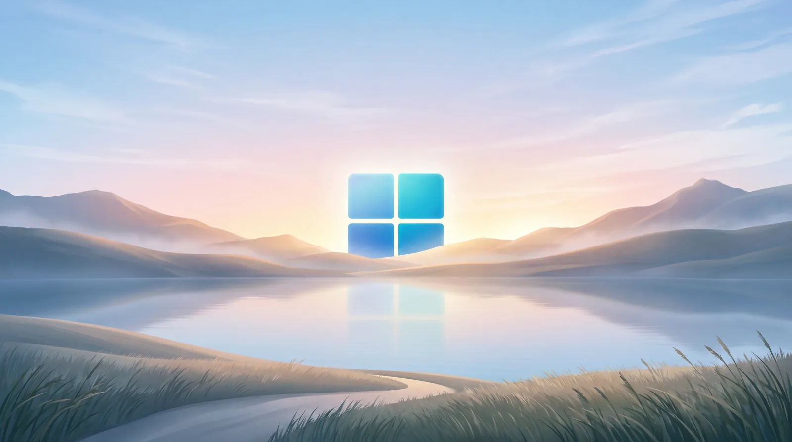 Windows 11 logo over a minimalist lake and mountains wallpaper HD 4K for desktop