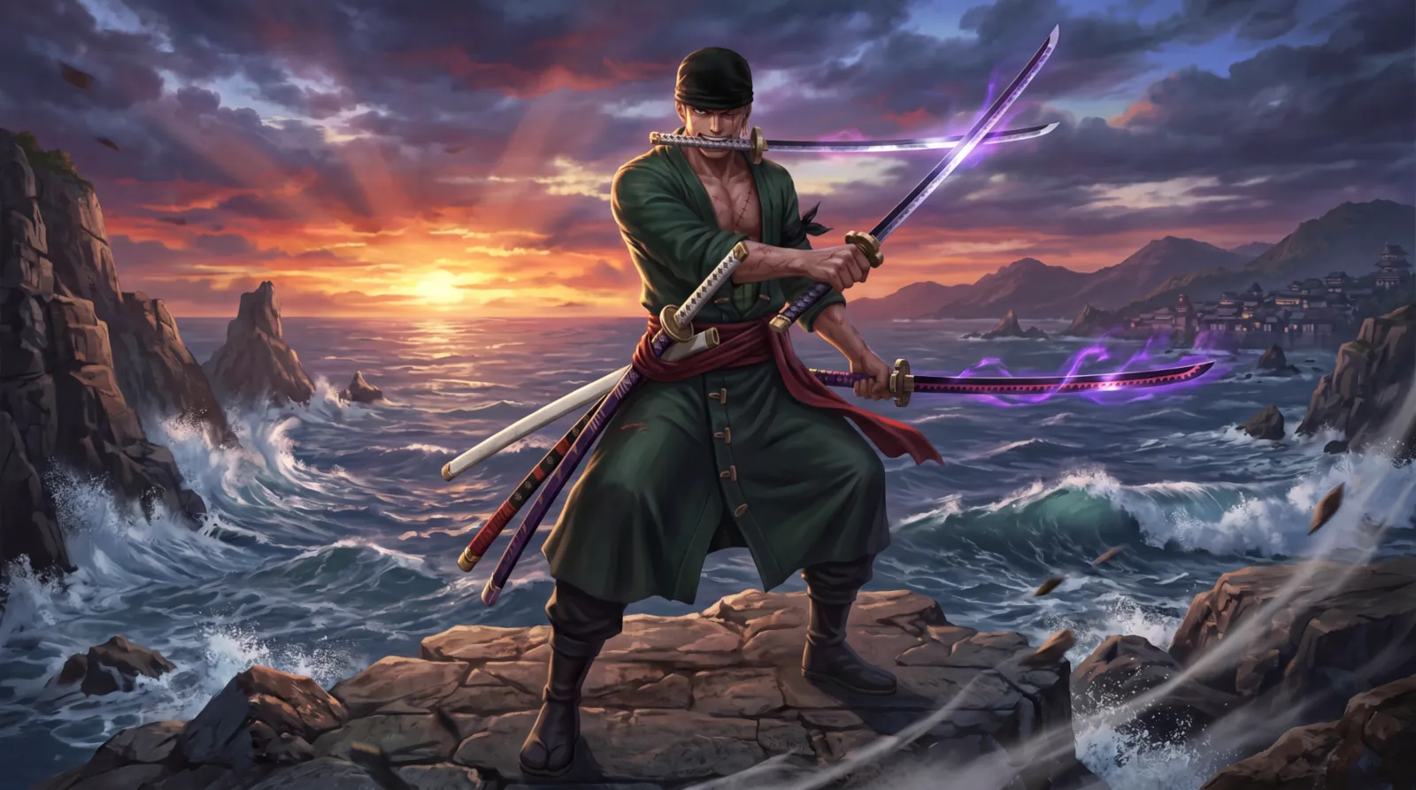 Roronoa Zoro avec son style à trois sabres au coucher du soleil fonds d’écran HD 4K pour ordinateur