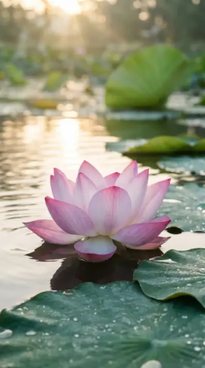 Pink lotus flower on the water at sunrise