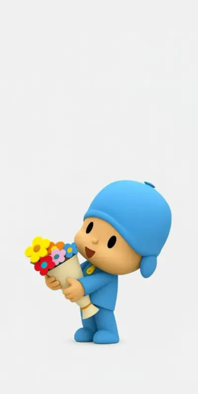 Pocoyo with a bouquet of colorful flowers wallpaper HD 4K for phone