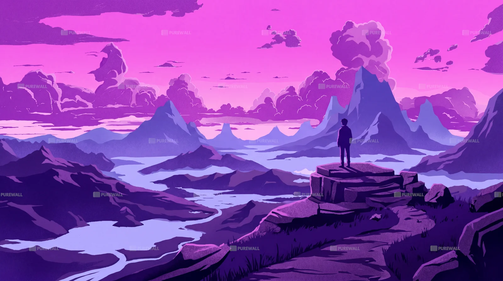 Purple fantasy landscape with mountains digital art wallpaper HD 4K for desktop