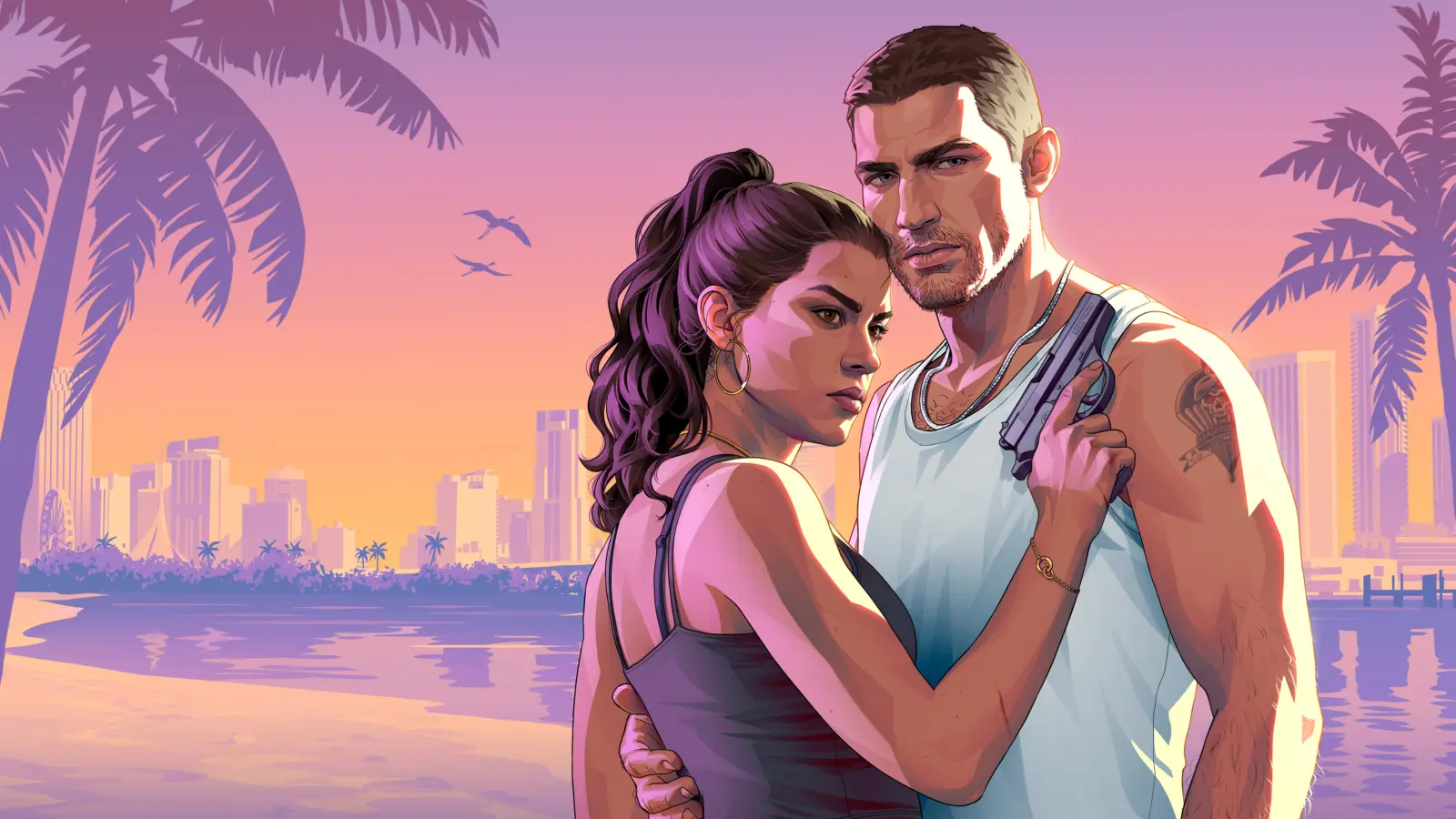 GTA 6 Jason and Lucia on the beach at sunset wallpaper HD 4K for desktop