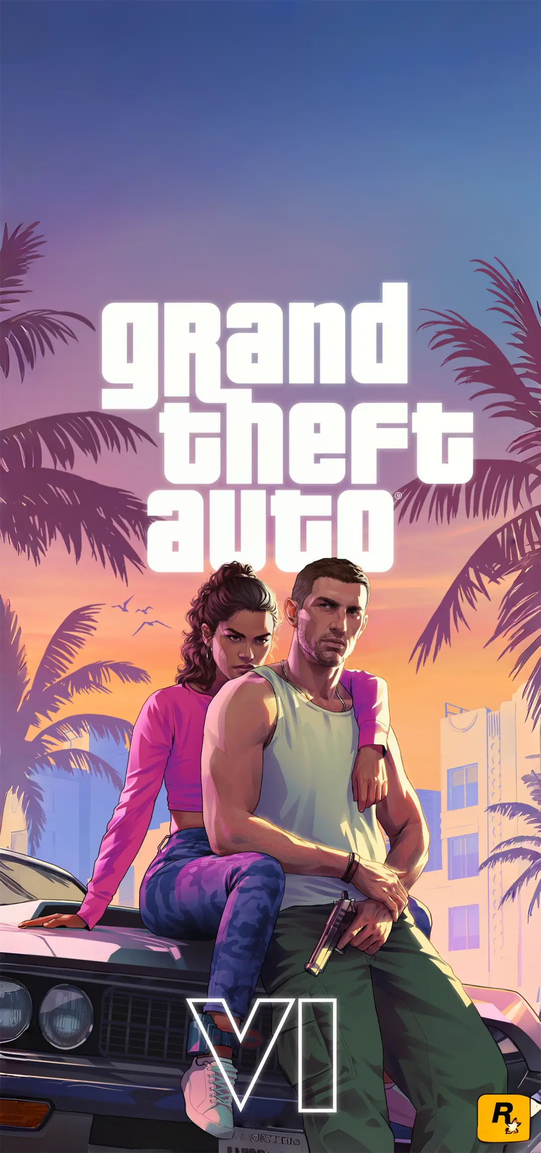 GTA 6 Jason et Lucia avec logo Grand Theft Auto VI fonds d’écran HD 4K pour téléphone