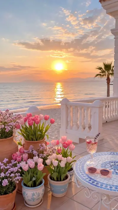 Flower-filled terrace facing the sea at sunset