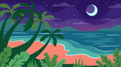 Plage tropicale sous la lune en illustration minimaliste