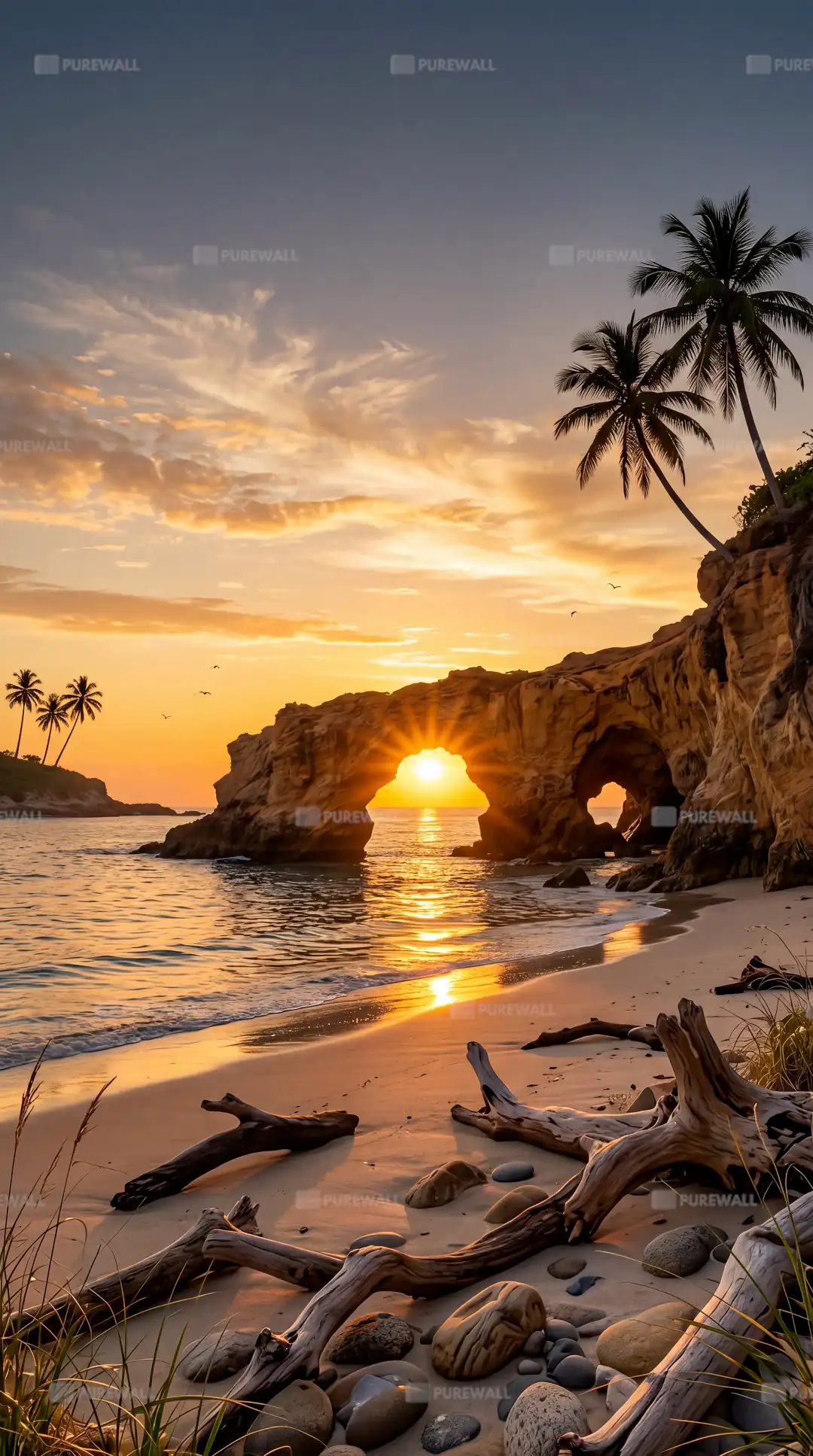 Tropical beach at sunset with a rock arch wallpaper HD 4K for phone